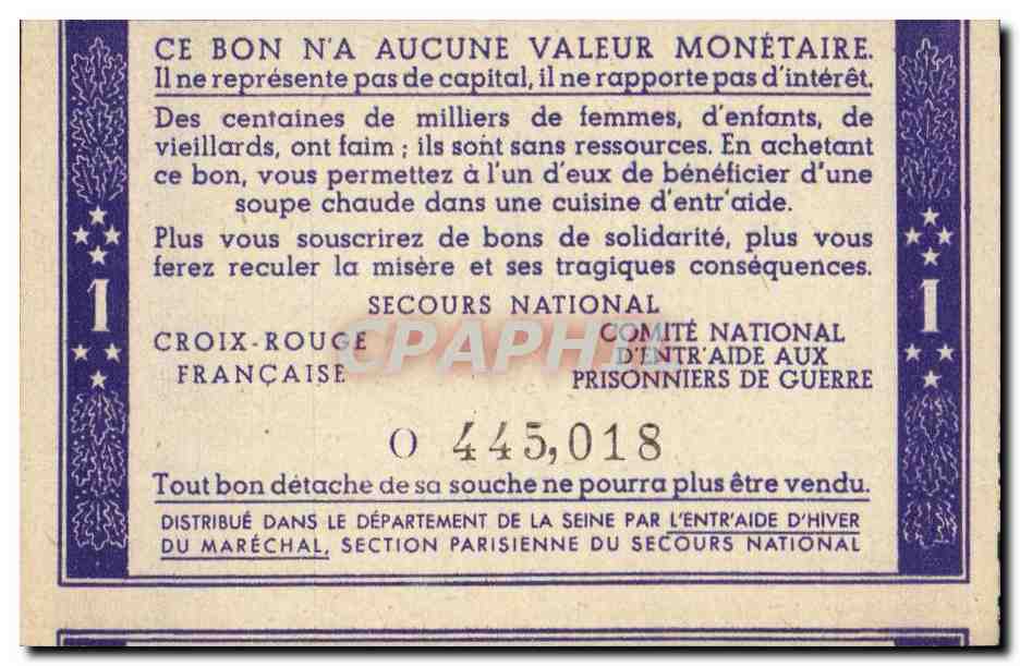 Bon de solidarite Petain 1 Franc — Rückseite