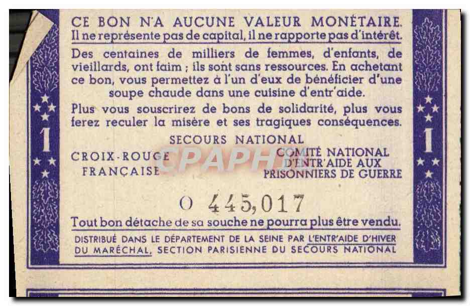 Bon de solidarite Petain 1 Franc — Verso