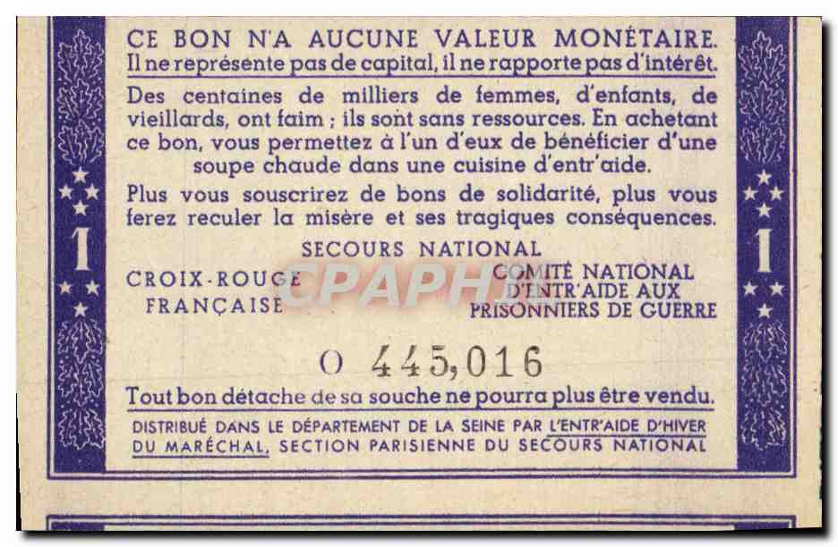 Bon de solidarite Petain 1 Franc — Verso