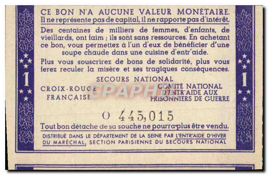 Bon de solidarite Petain 1 Franc — Verso