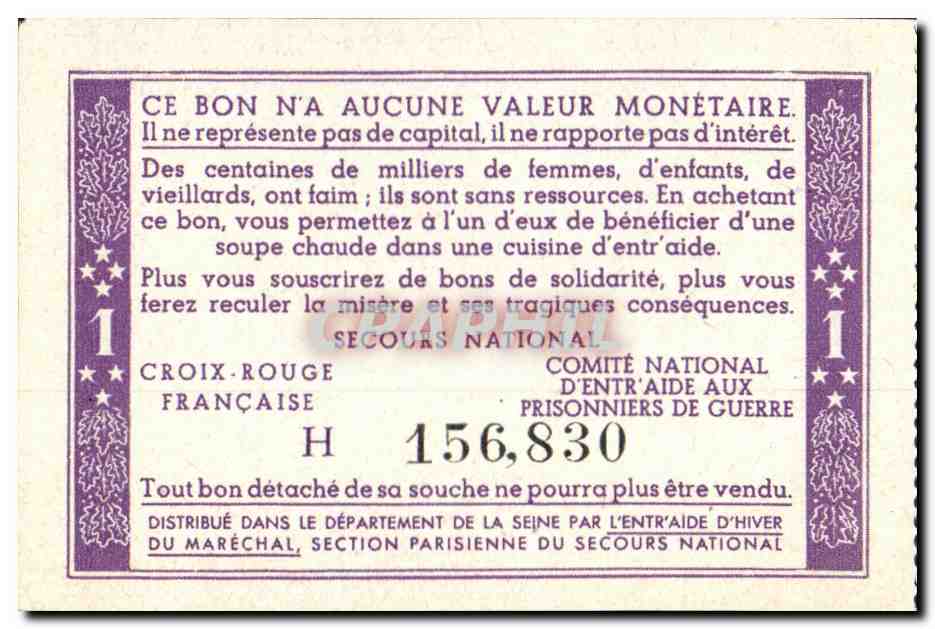 Bon de solidarite Petain 1 Franc — Rückseite