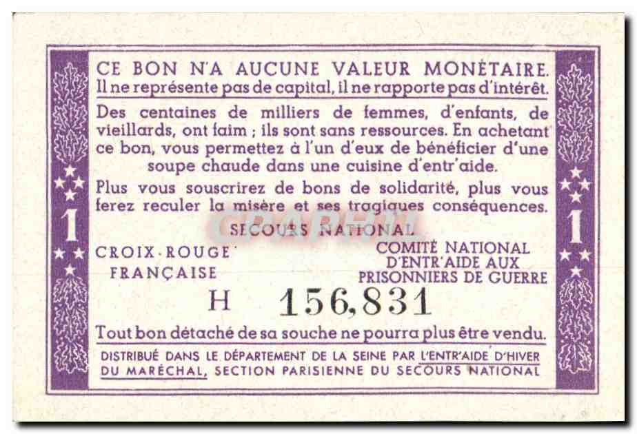 Bon de solidarite Petain 1 Franc — Rückseite