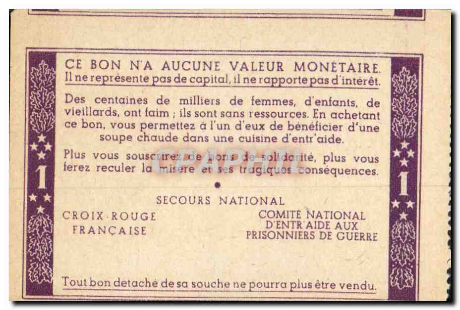 Bon de solidarite Petain 1 Franc — Verso