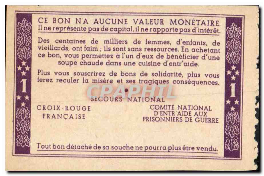 Bon de solidarite Petain 1 Franc — Verso
