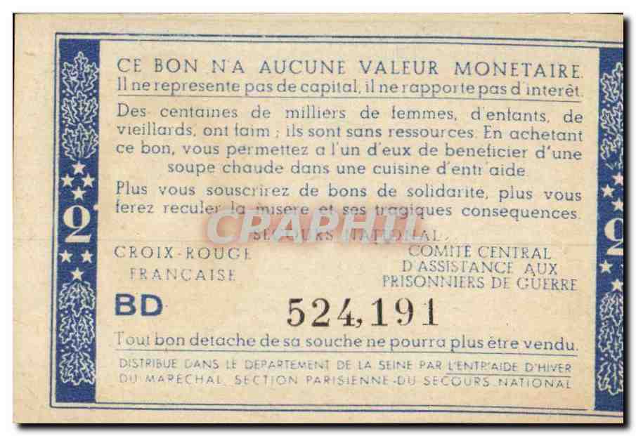 Bon de solidarite Petain 2 Francs — Rückseite