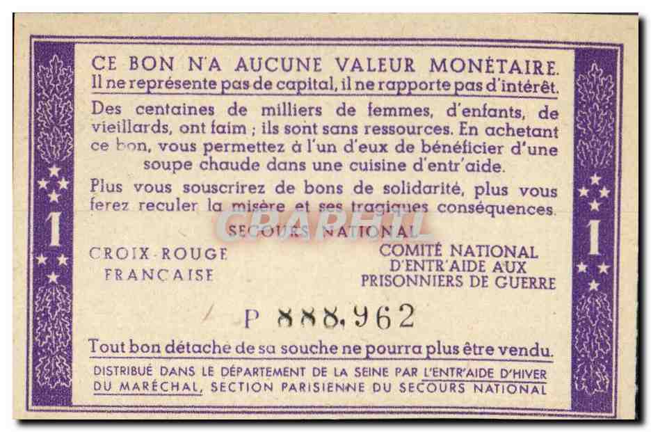 Bon de solidarite Petain 1 Franc — Verso