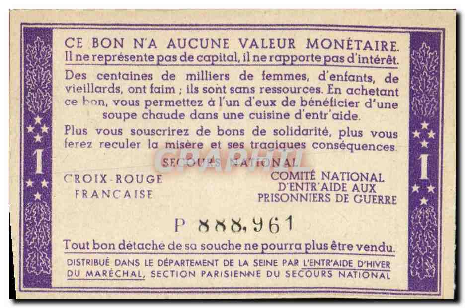 Bon de solidarite Petain 1 Franc — Verso