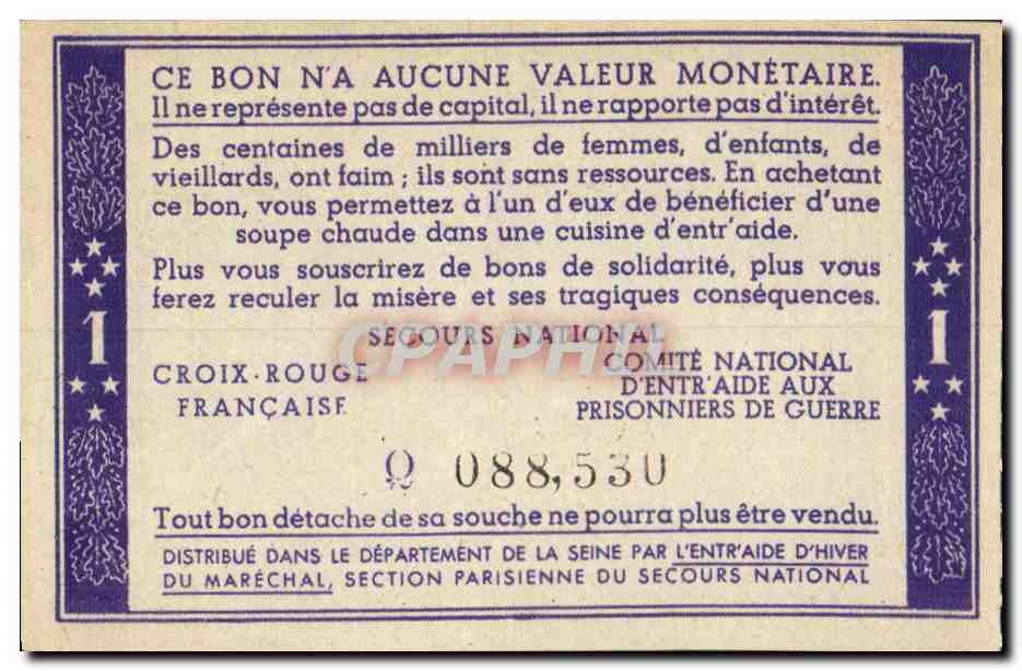 Bon de solidarite Petain 1 Franc — Verso