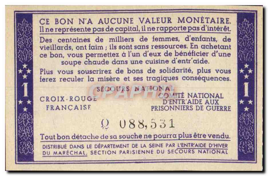 Bon de solidarite Petain 1 Franc — Verso