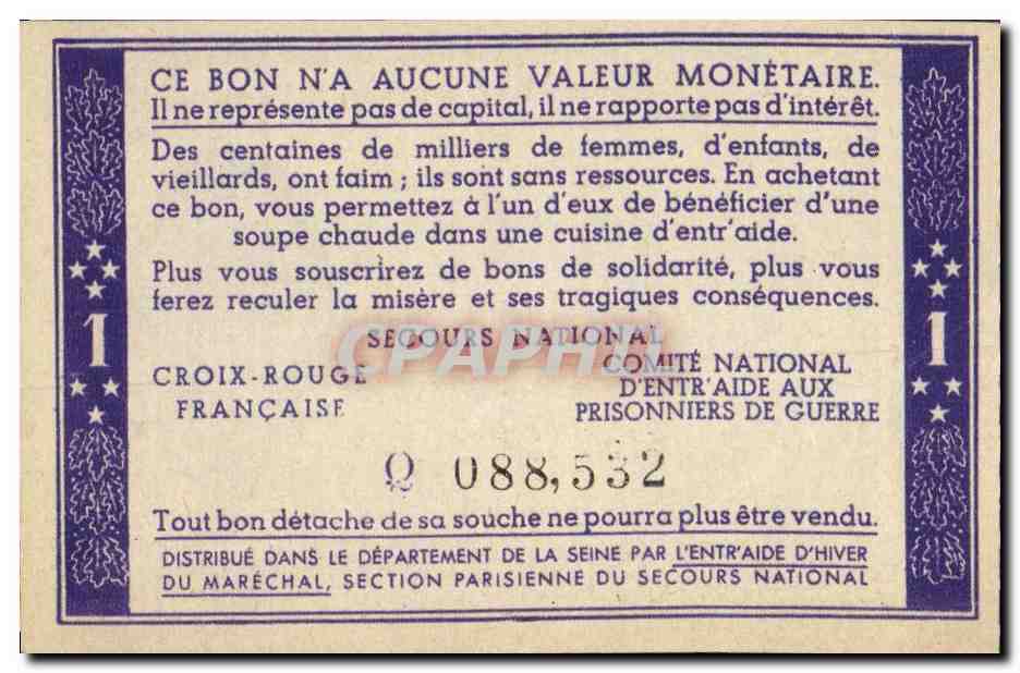 Bon de solidarite Petain 1 Franc  — Verso