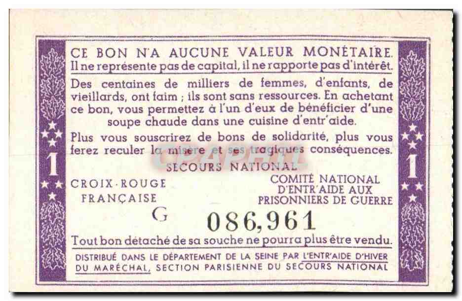 Bon de solidarite Petain 1 Franc — Verso