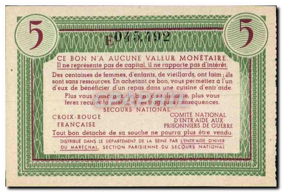 Bon de solidarite Petain 5 Francs — Verso