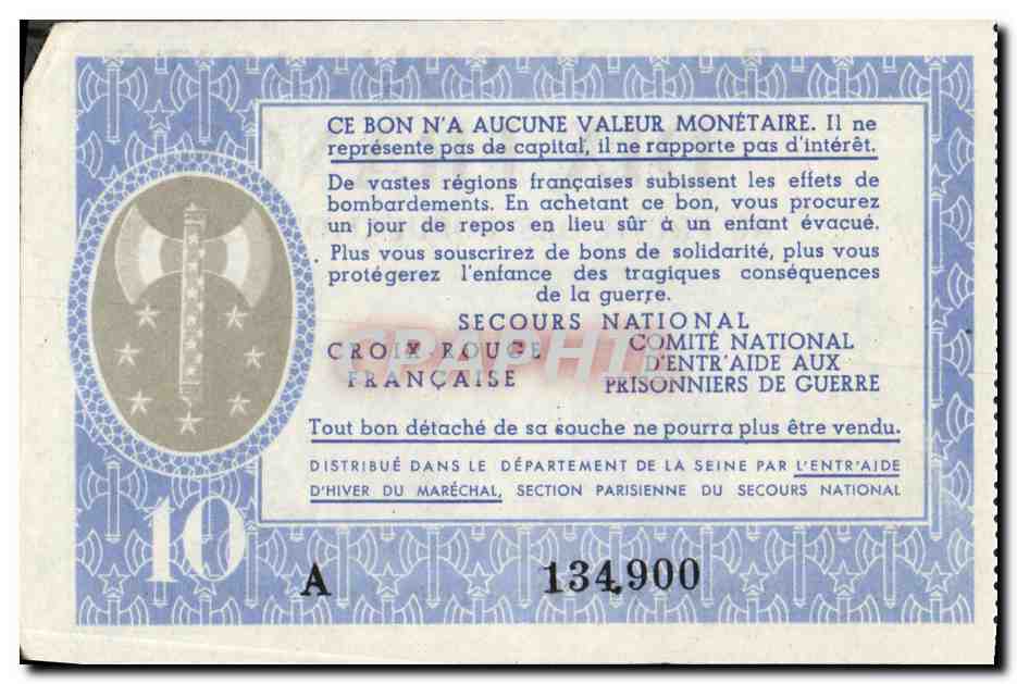 Bon de solidarite Petain 10 Francs — Verso