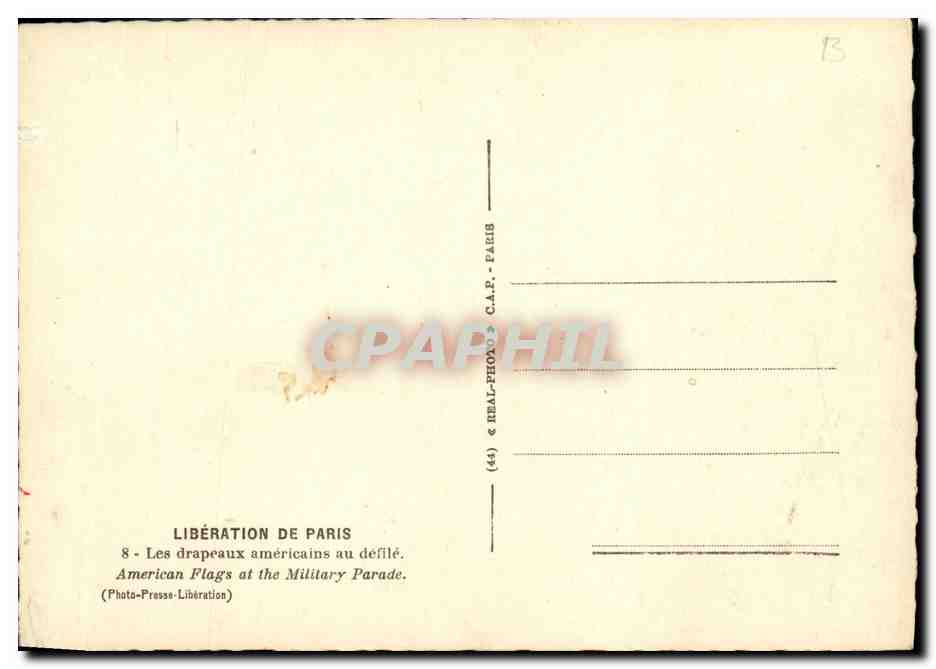 CPM Militaria 2eme guerre mondiale Liberation de Paris Les drapeaux americains au defile  — Rückseite