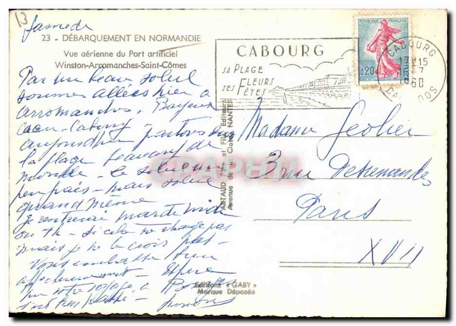 Débarquement en Normandie — Vue aérienne du Port artificiel à Arromanches — Éditeur Gaby, n°13 — Reverso