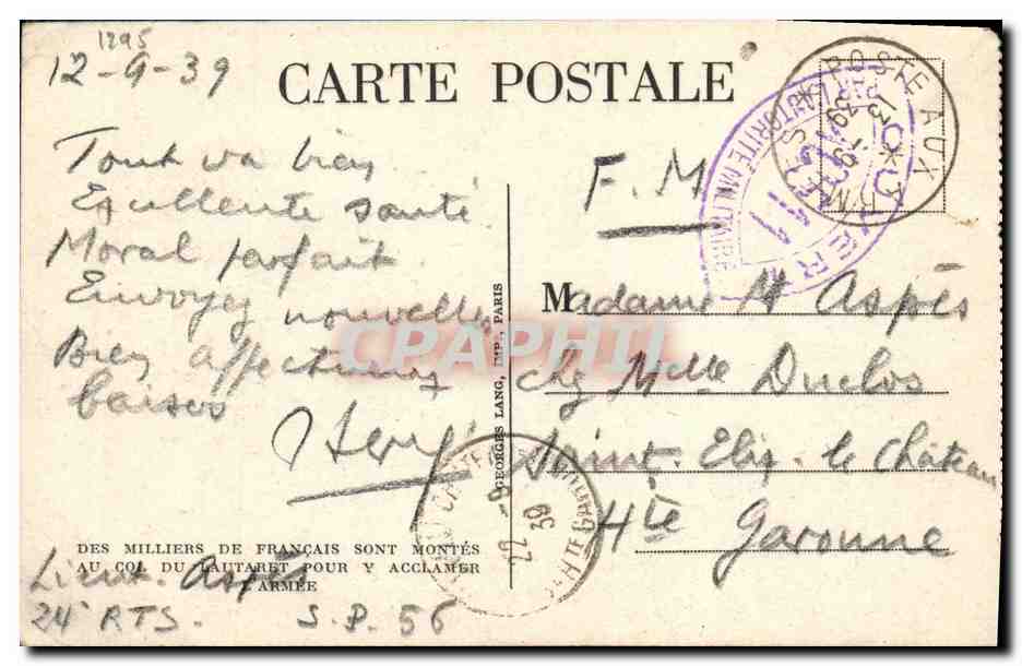 CPM Militaria 2eme guerre mondiale Soldats francais montes au col du Lautaret 12 9 1939 — Rückseite