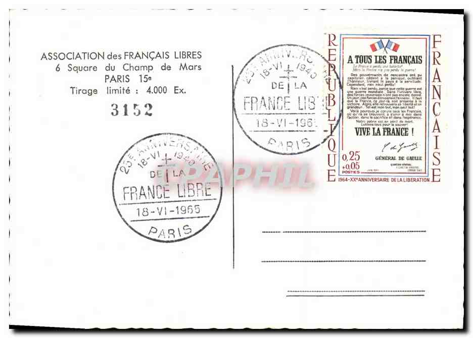 CPM Militaria 2eme guerre mondiale Gal de Larminat Gal Leclerc Anniversaire 1940 1965 De Gaulle Jean Moulin  — Rückseite
