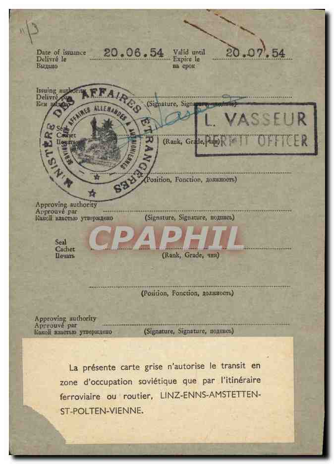 Laissez passer des forces d'occupation 1954 Linz Enns Anstetten St Polten Vienne Leroux Militaria — Rückseite