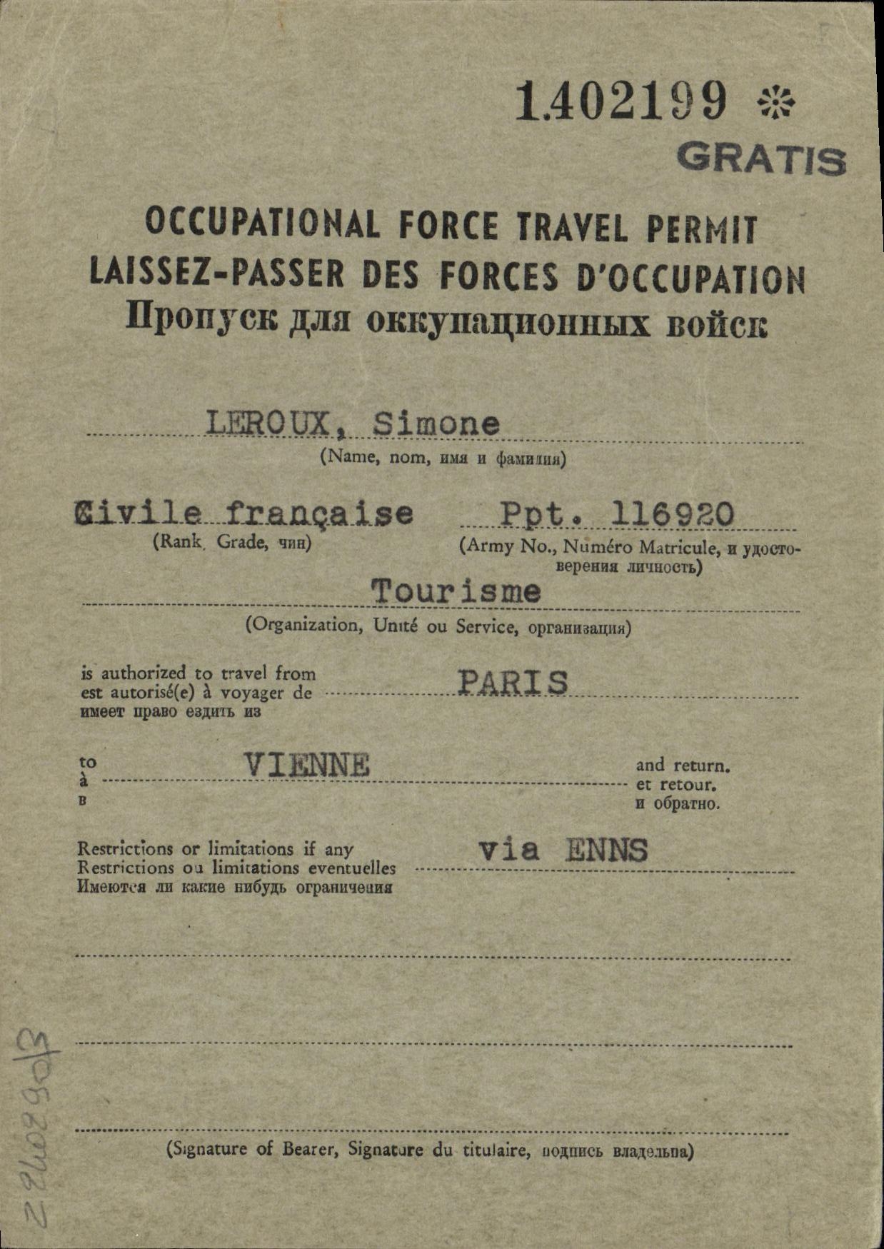 Laissez passer des forces d'occupation 1954 Linz Enns Anstetten St Polten Vienne Leroux Militaria
