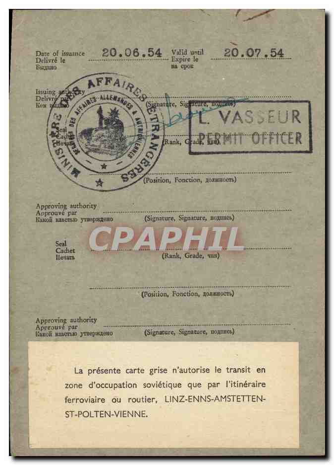 Laissez passer des forces d'occupation 1954 Linz Enns Anstetten St Polten Vienne Leroux Militaria — Rückseite