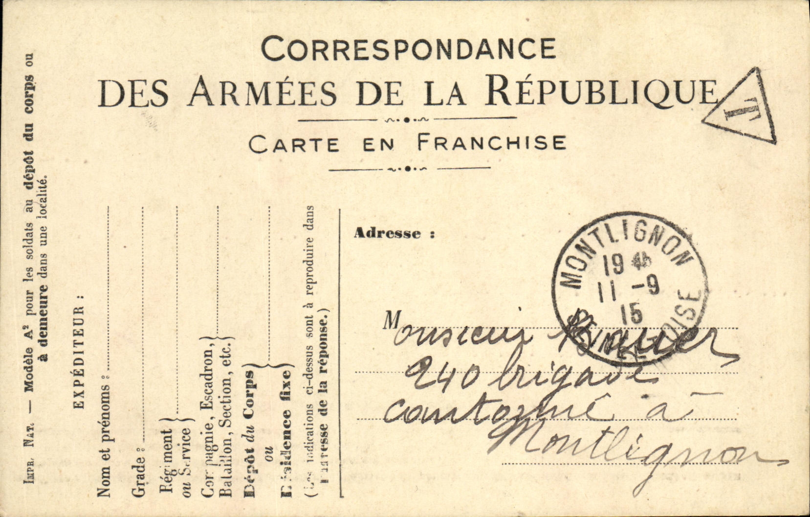 Carte correspondance des armees Montlignon 