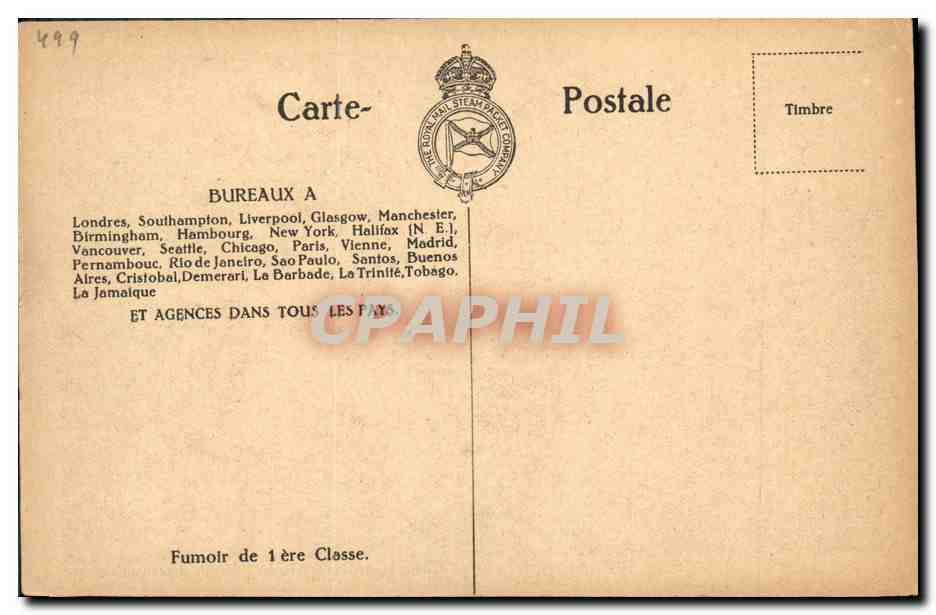 R.M.S.P. "Almanzora" — Premier Classe Smoking Room — South American Service — Verso