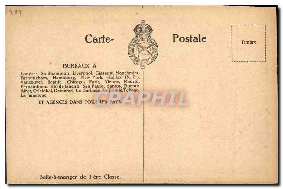 R.M.S.P. "Almanzora" — Salle à manger de 1ère classe — South American Service — Reverso