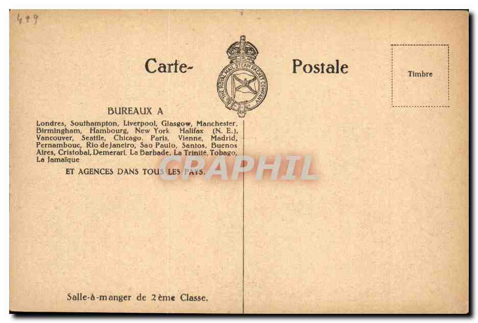 R.M.S.P. "Arlanza" — Salle à manger de 2ème Classe — South American Steamship Company — Reverso
