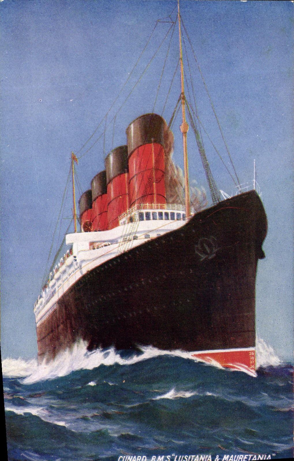 Cunard R.M.S. Lusitania & Mauretania — illustration de deux paquebots — éditeur non visible