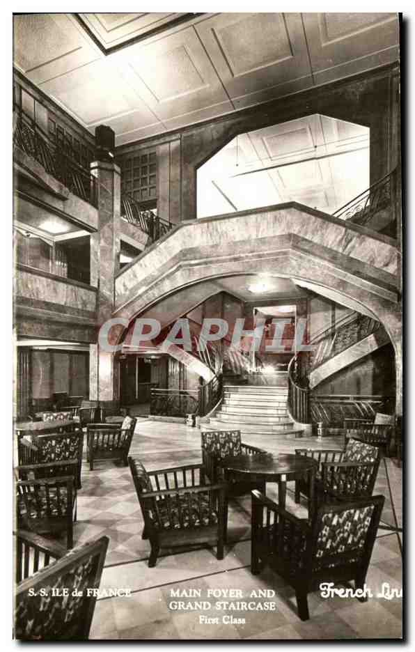 S.S. ILE de FRANCE — Main Foyer and Grand Staircase — French Line