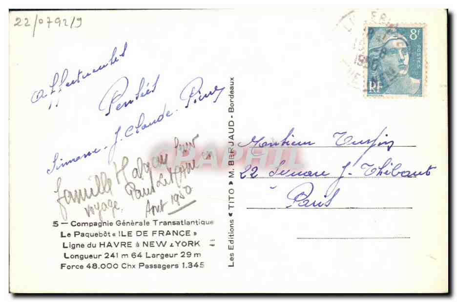 Le paquebot ILE DE FRANCE — Ligne Havre-New York — Éditions TITO M. BÉRUAUD — Verso
