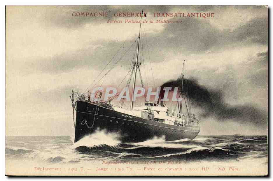 Paquebot Ville de Bone — Compagnie Générale Transatlantique — Services Postaux de la Méditerranée
