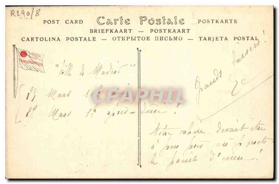 CPA Bateau Compagnie Generale Transatlantique Services postaux de la Mediterranee Ville de Madrid  — Verso