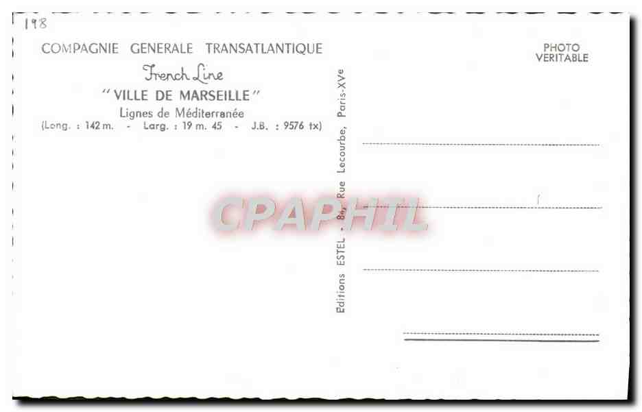 CPA Bateau Compagine Generale Transatlantique French Line Ville de Marseille  — Verso