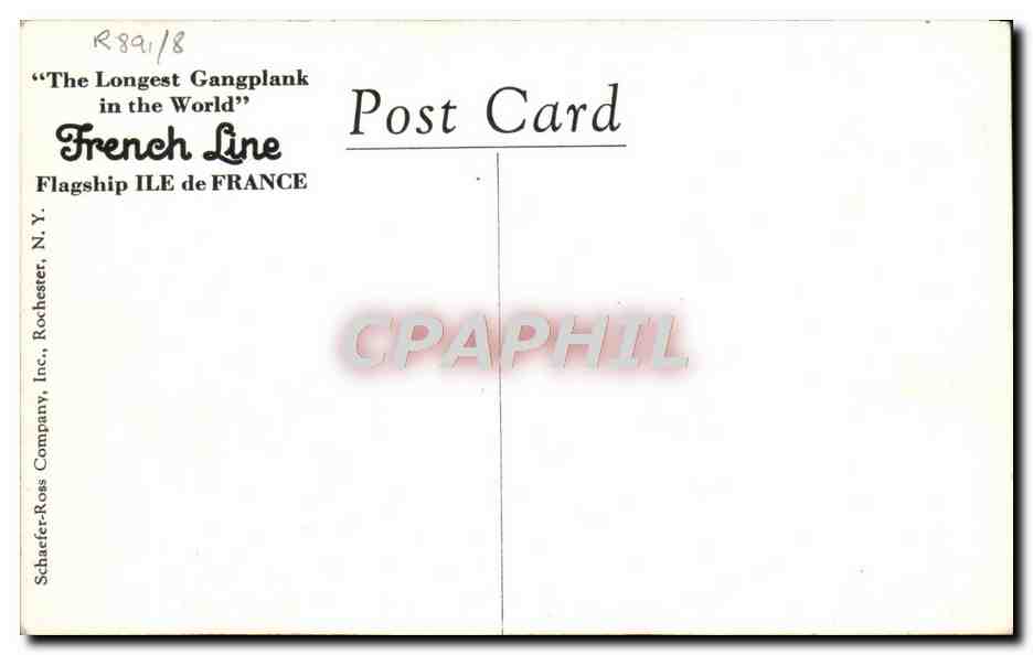 Le paquebot Ile de France — French Line — éditeur Schaefer-Ross Company, N.Y. — Verso
