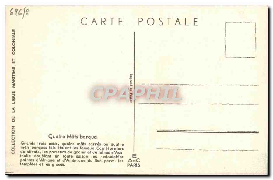 Quatre Mâts barque — Cap Horniers — Éditeur AEC Paris — Verso