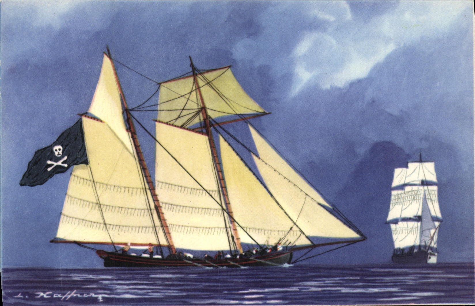 The Pirate — The light breeze immobilizes the merchant ship. The Buccaneers mounted on a small schooner use oars to attack it. — L. Kaffering — Collection of the Maritime and Colonial League, E.A.E.C. Printing House Paris