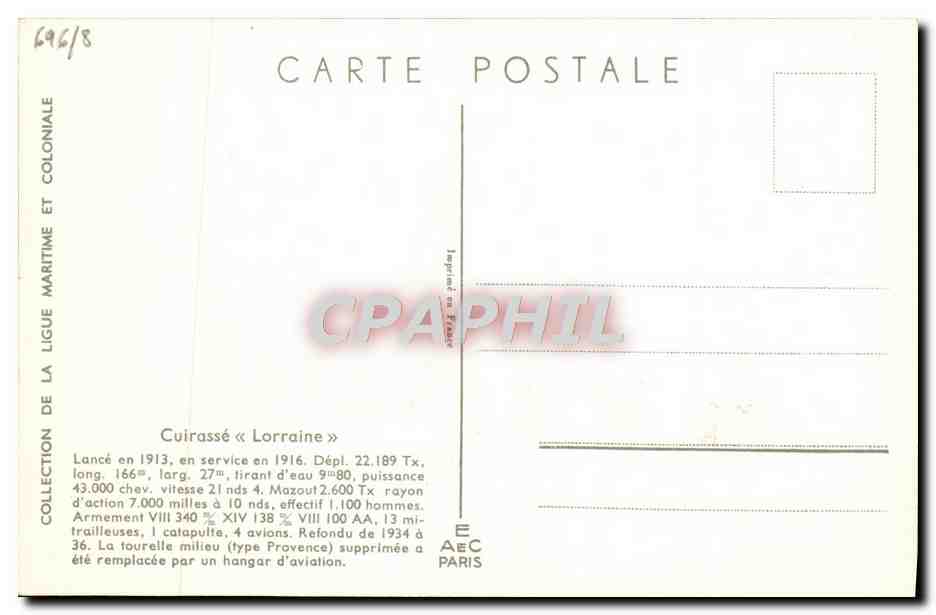 CPA Bateau Cuirasse Lorraine Haffner — Verso
