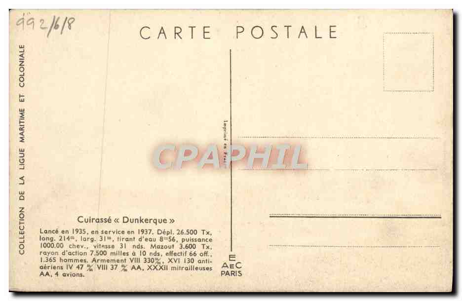 CPA Bateau Cuirasse Dunkerque Haffner — Verso