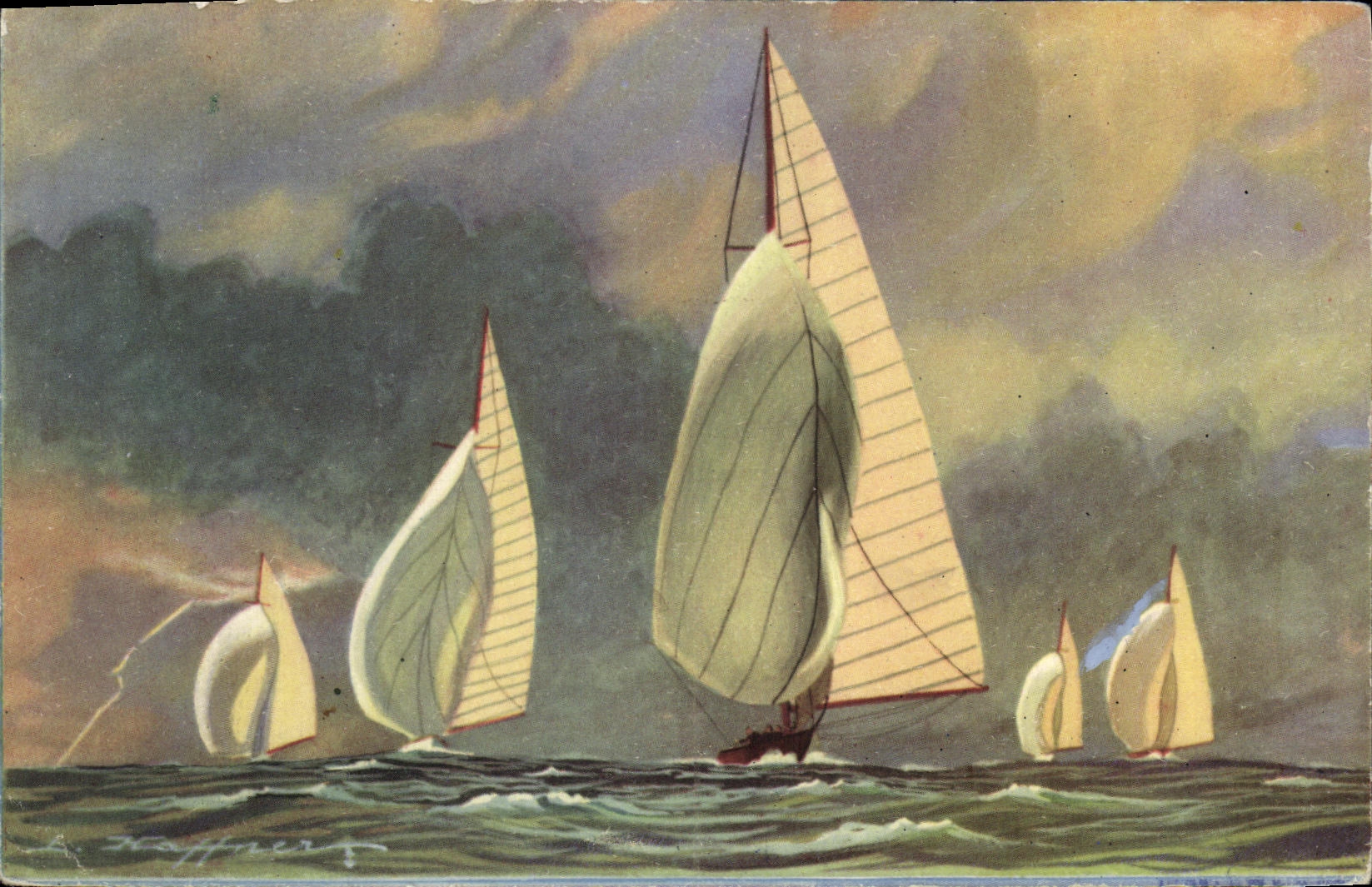 Six mètres de la jauges internationale courant sous leur grand voile et leur Spinnaker — A. Keffner — Collection de la Ligue Maritime et Coloniale