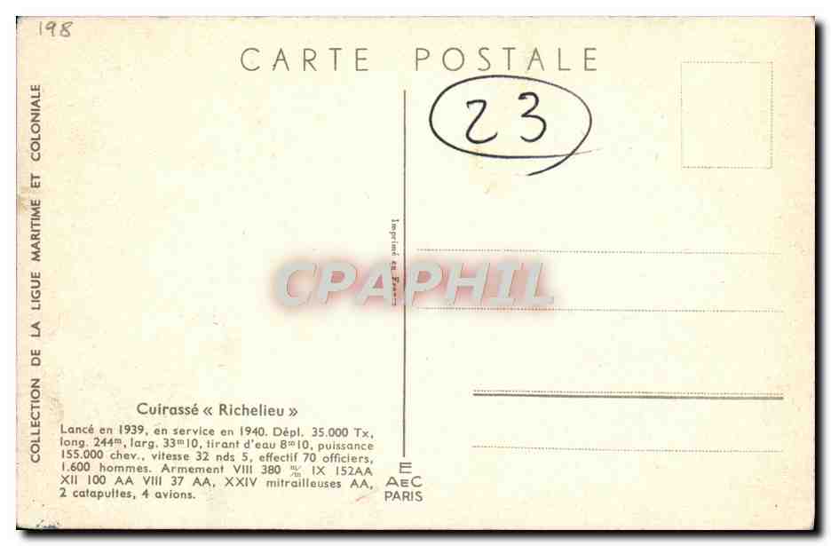 CPA Bateau Haffner Cuirasse Richelieu — Verso