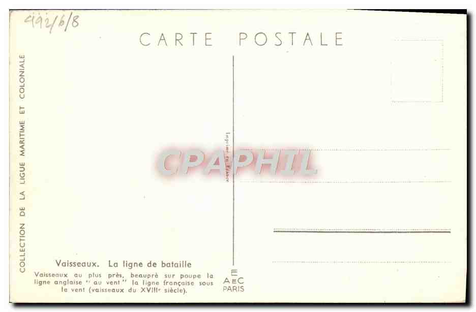 Vaisseaux au plus près — la ligne anglaise au vent, la ligne française sous le vent — Collection de la Ligue Maritime et Coloniale, E.A.E.C. Paris — Rückseite