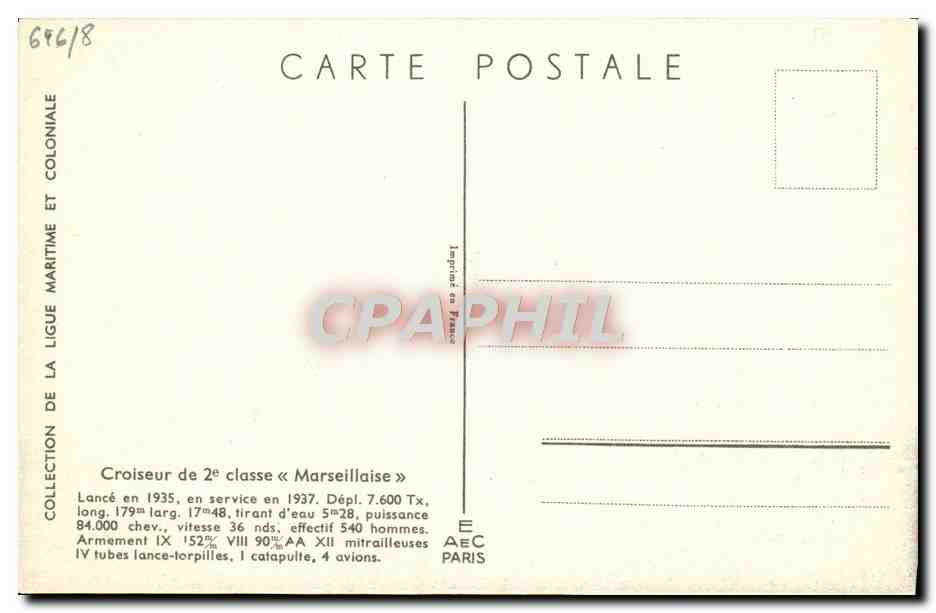 CPA Bateau Haffner Croiseur de 2eme Classe Marseillaise — Verso