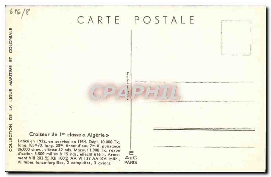 CPA Bateau Haffner Croiseur de 1ere classe Algerie — Verso