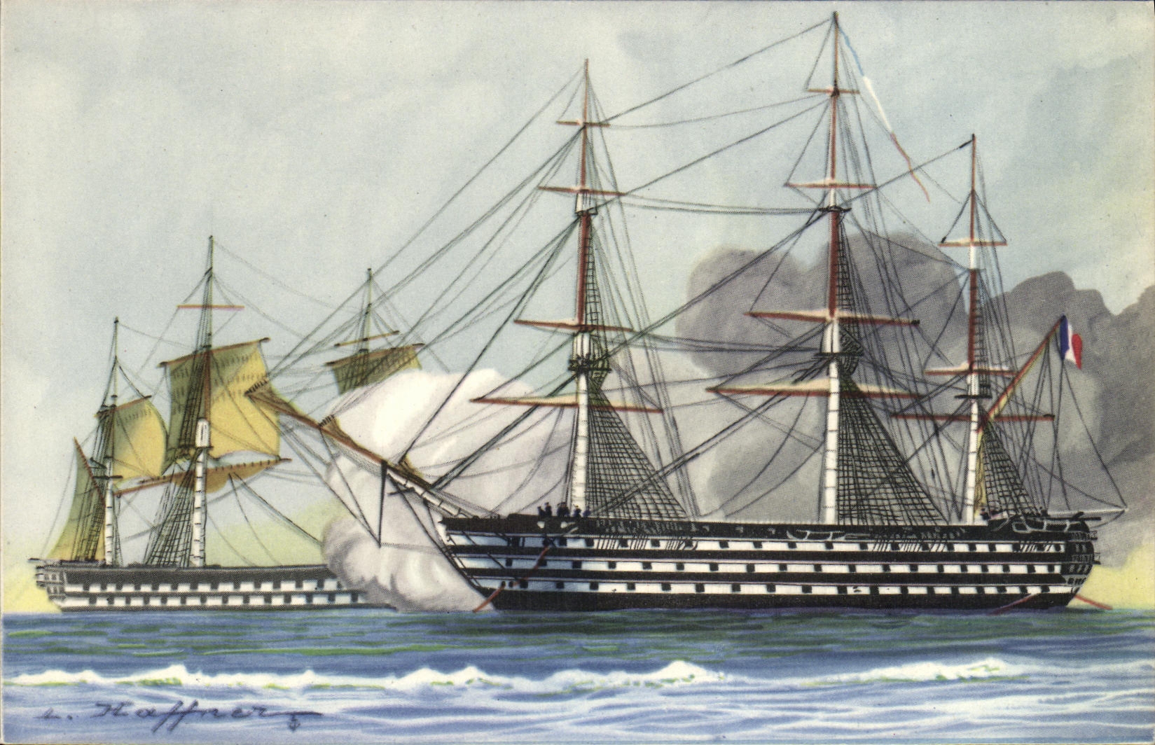 Vaisseaux. Combat à l'embossage — Collection de la Ligue Maritime et Coloniale — Éditeur A.E.C. Paris, n° 696/8