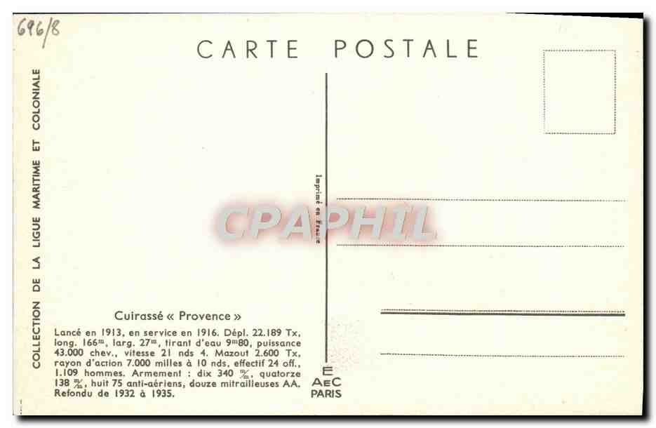 CPA Bateau Haffner Cuirasse Provence — Verso