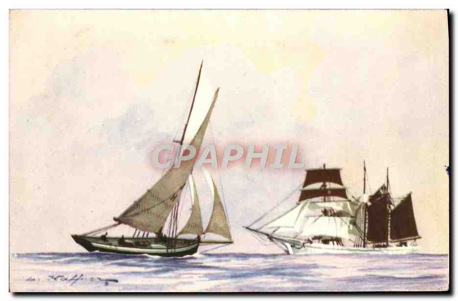 Pilote et Trois Mâts Goélette — Arrivé près de terre, le navire achève sa navigation vers le port sous la conduite du pilote qui vient le chercher à bord de son côtre. — Imprimée en France, E.A.E.C. PARIS