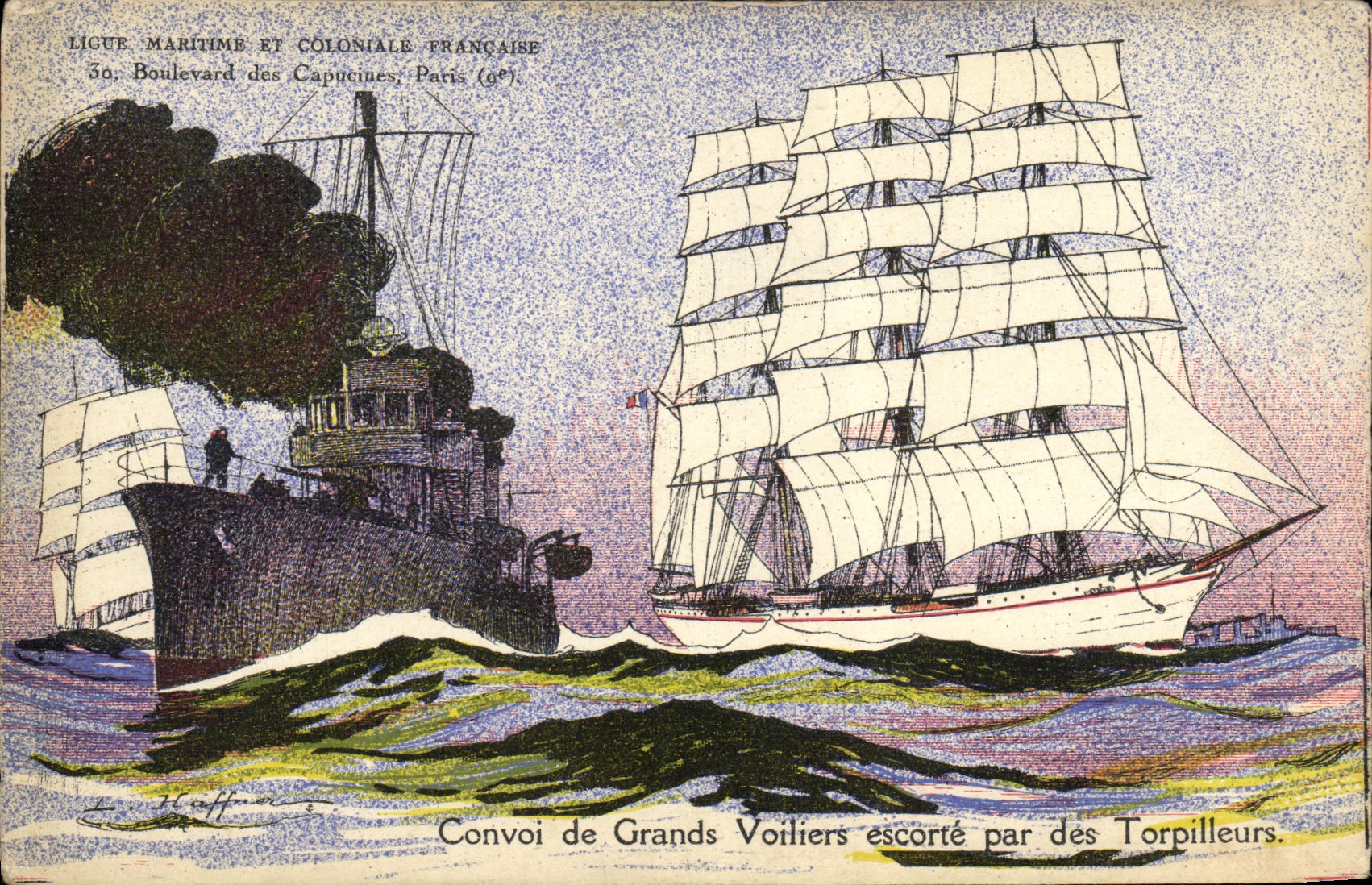 CPA Bateau Haffner Ligue Maritime et Colonaile Francaise Convoi de grands voiliers escorte par des torpilleurs 