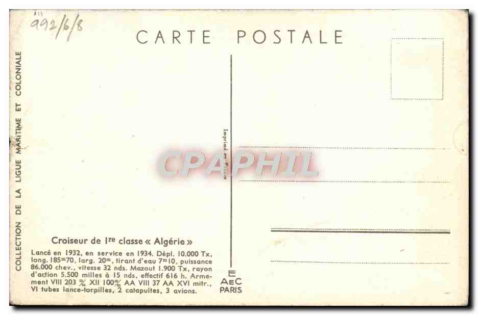 CPA Bateau Haffner Croiseur de 1ere classe Algerie  — Verso