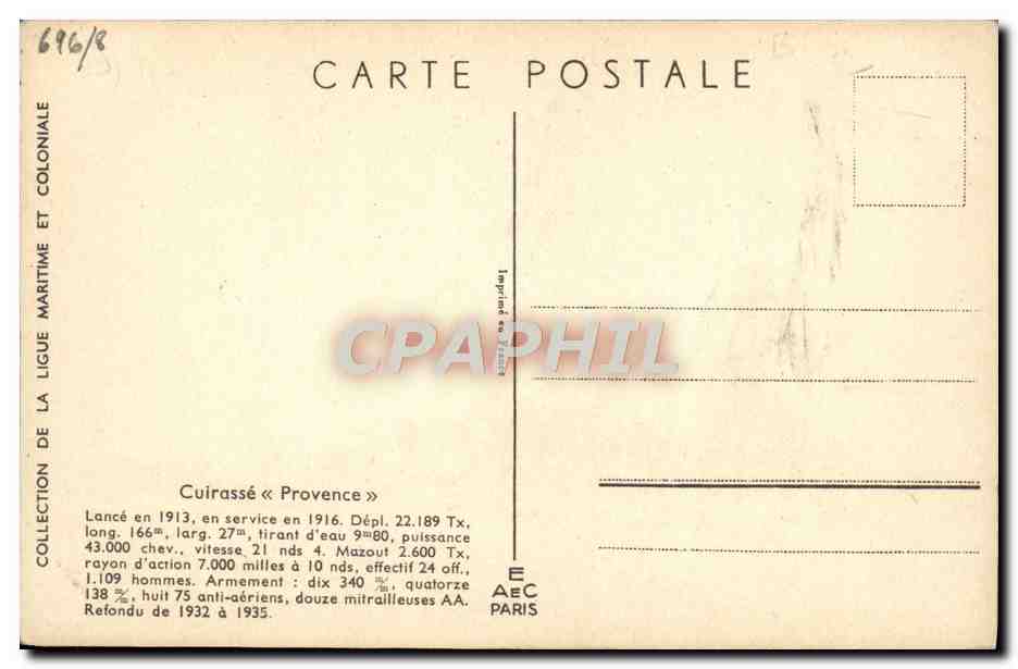 CPA Bateau Haffner Cuirasse Provence — Verso